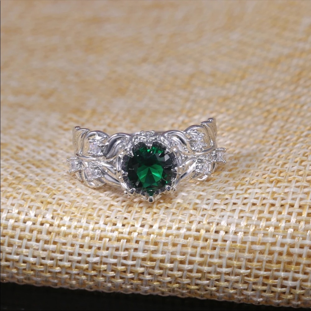 New Women’s 925 Silver Feather Green Emerald Ring - Picture 5 of 6